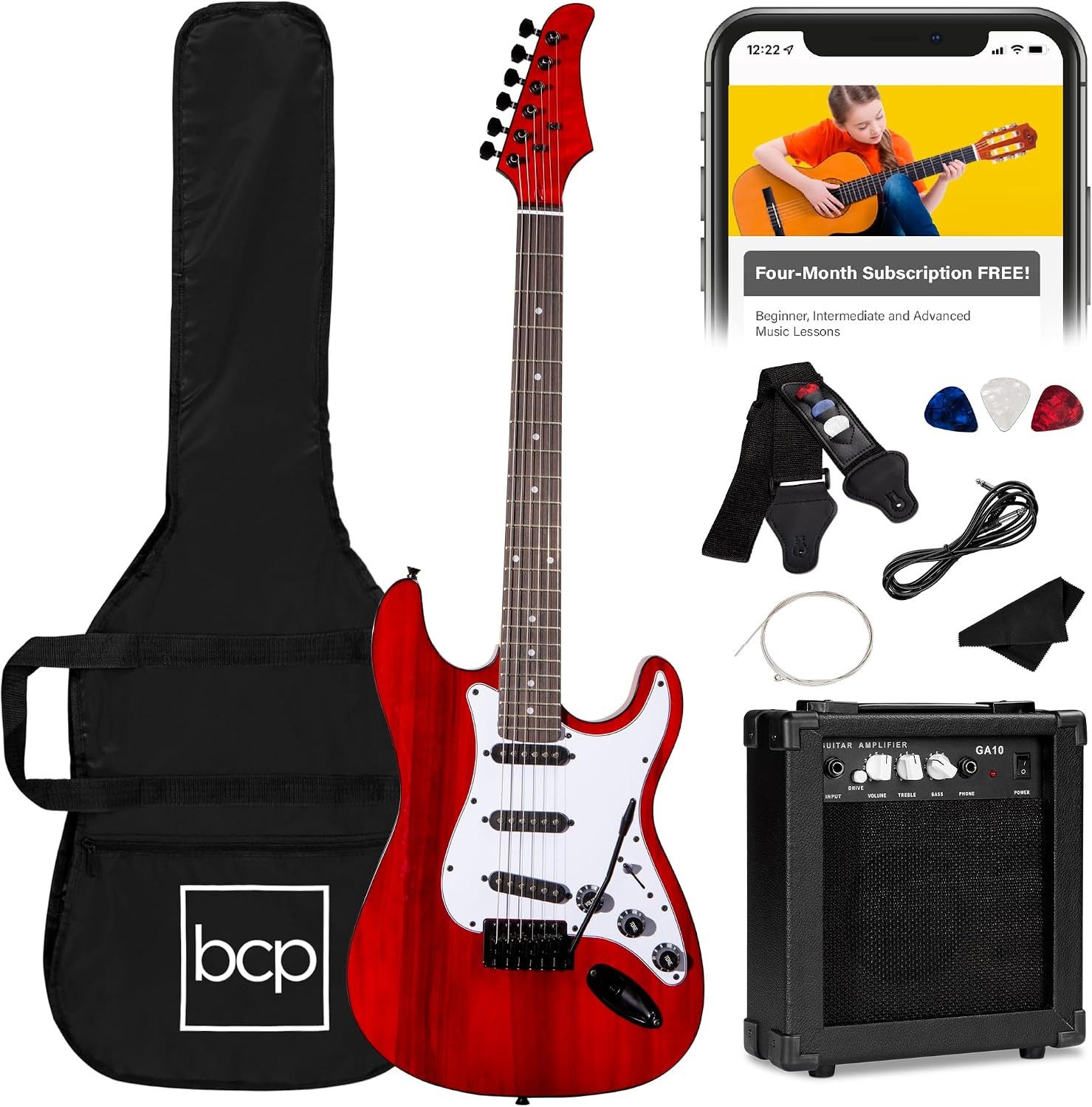 39in Full Size Beginner Electric Guitar Starter Kit w/Case Strap 10W Amp Strings