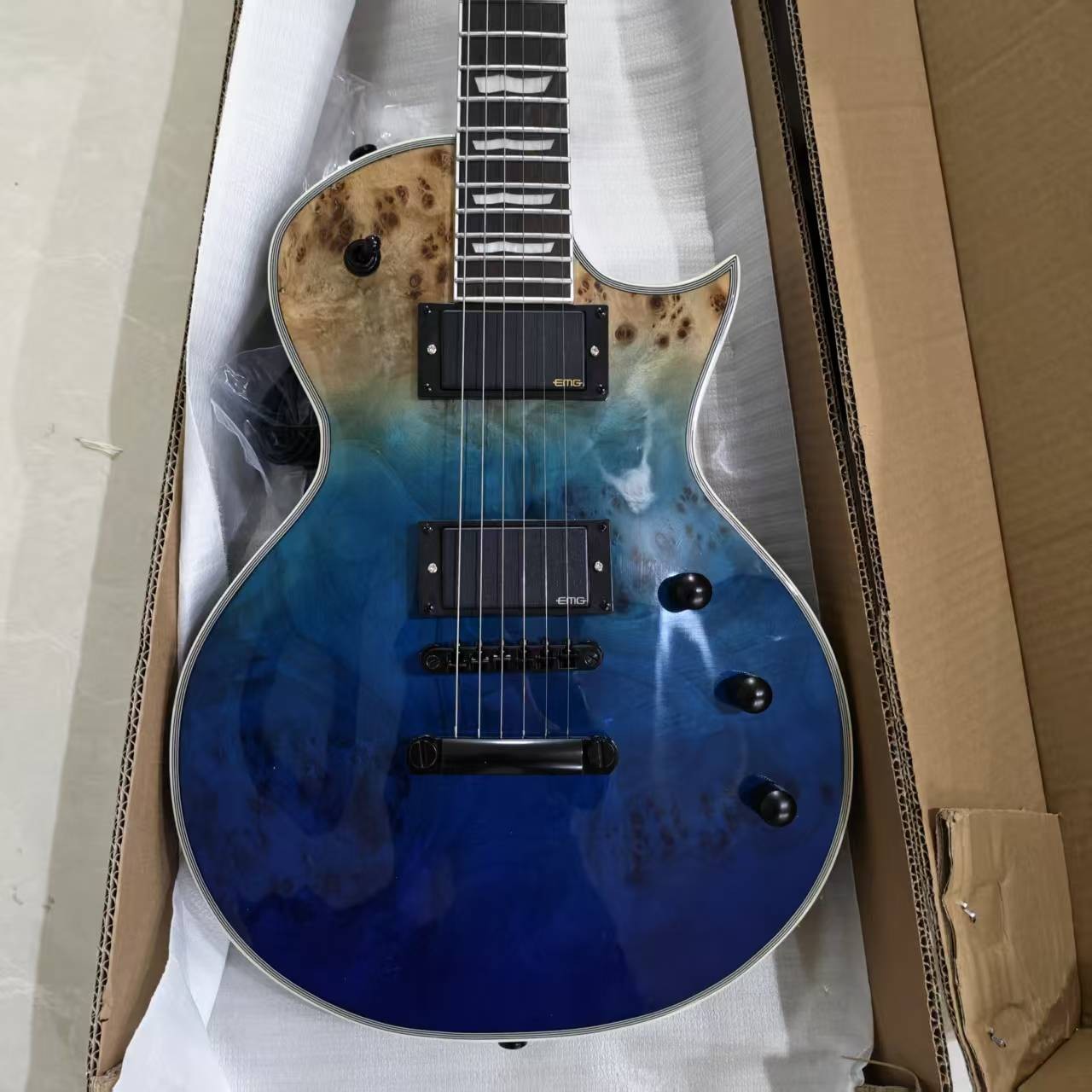 E-II Eclipse Burl Maple Blue Natural Fade Electric Guitar Active HH Pickups