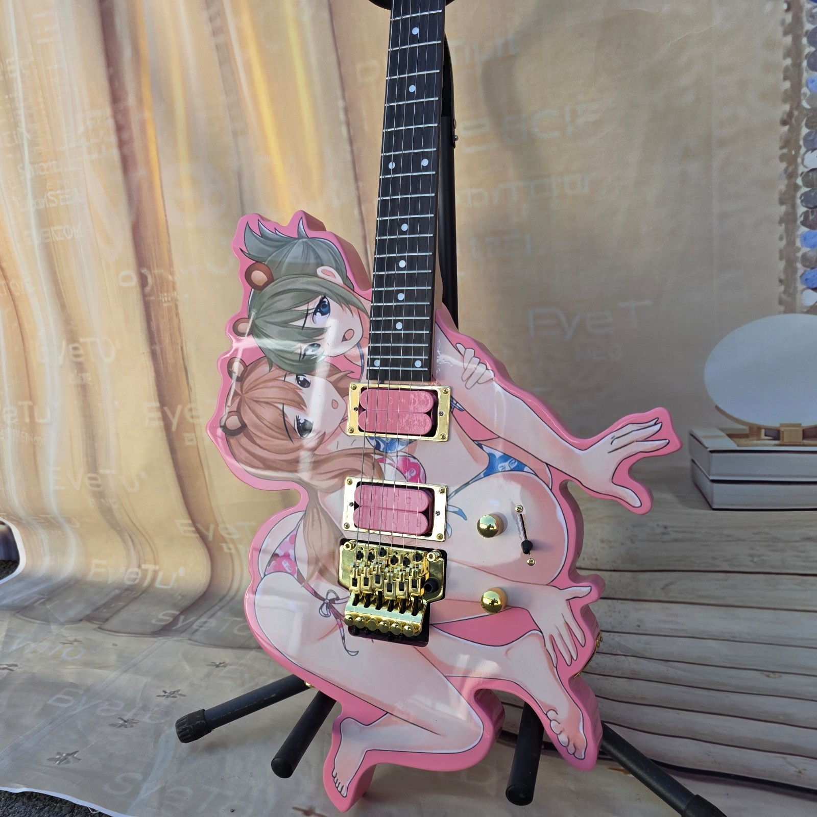 Hot Pick Pink Anime Custom Electric Guitar Unique Human Figure Shape 24frets