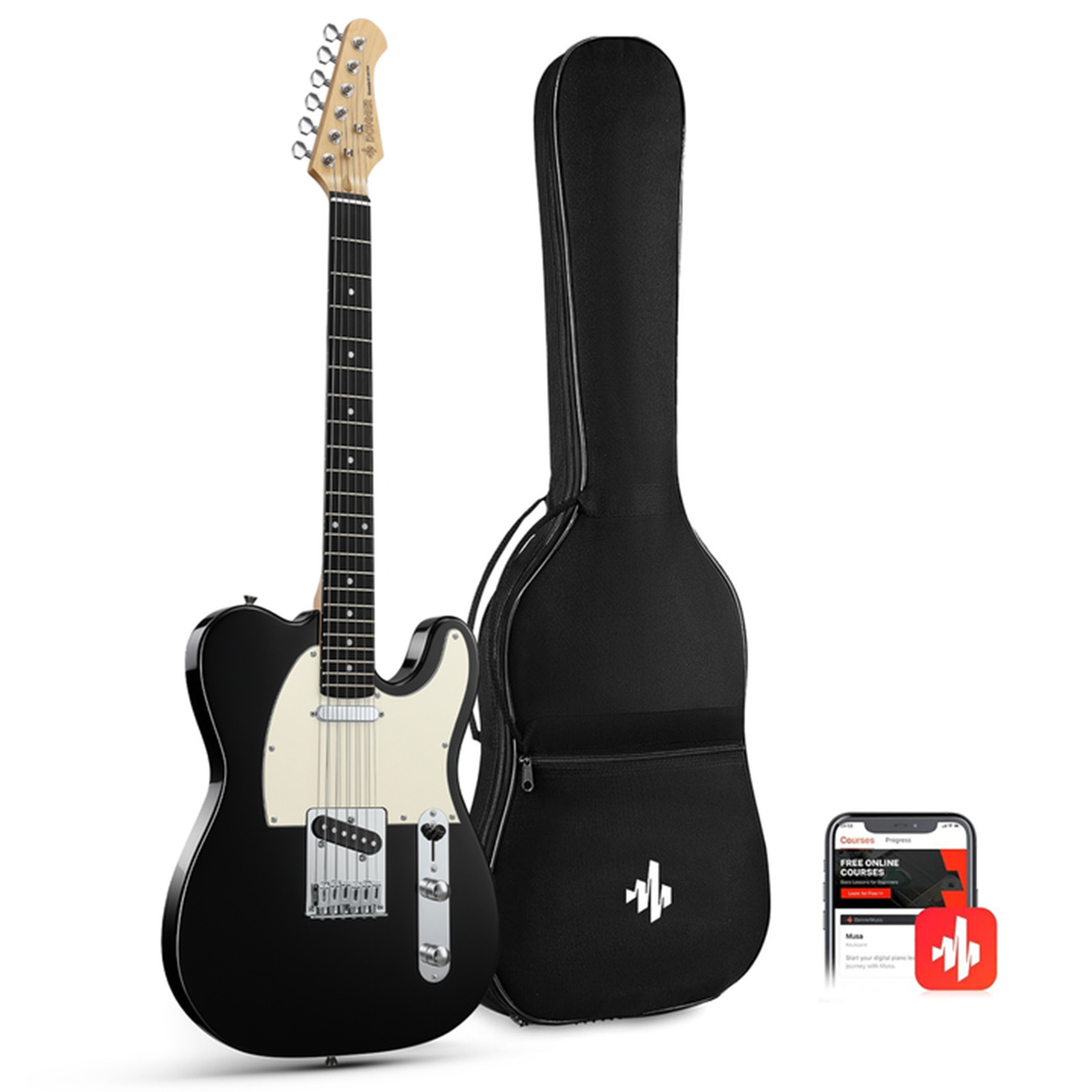 Donner DTL-100 Full Size Tele Electric Guitar Glossy Black Solid Body S-S Pickup