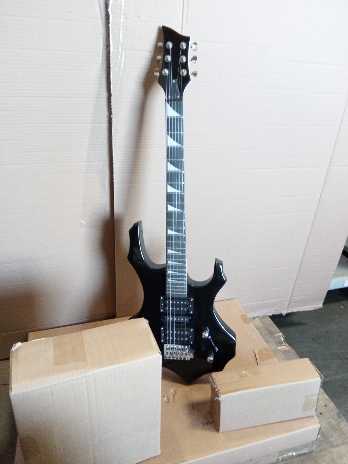 Open box Gloss Black Fire Shape 6 String Electric Guitar TBA332042078825