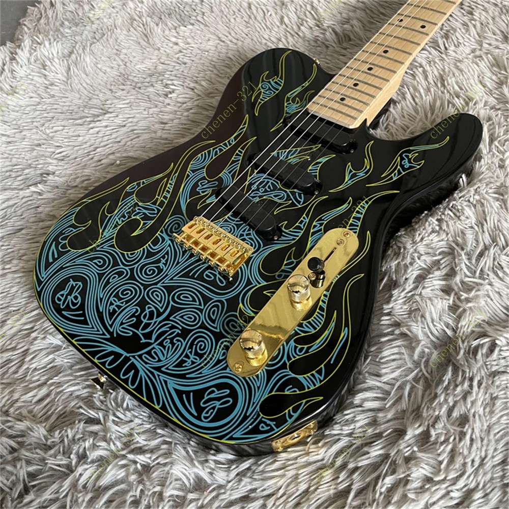 Solid Electric Guitar Stainless Fret Maple Neck Black Blue Flame Swirl Fast Ship