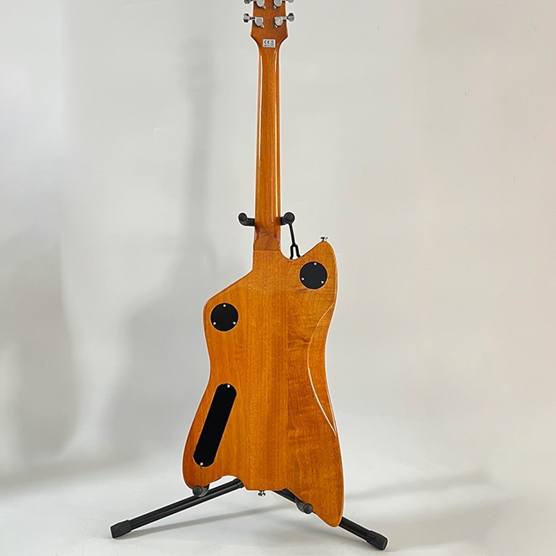 Shiny black alien-shaped electric guitar, gold pickguard, HH, solid wood, free s