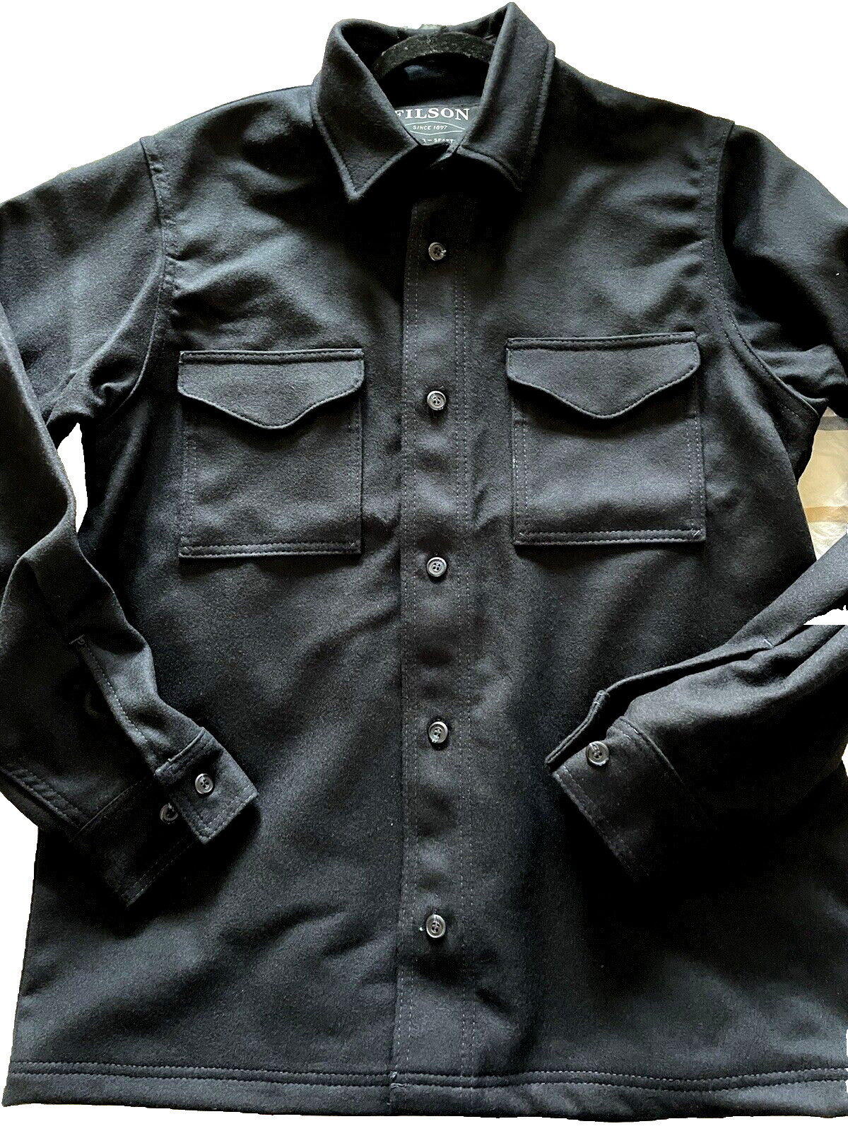 $395 NWT FILSON Navy Blue M -L Premium Wool Jac Shirt w/ XL sleeves Made in USA