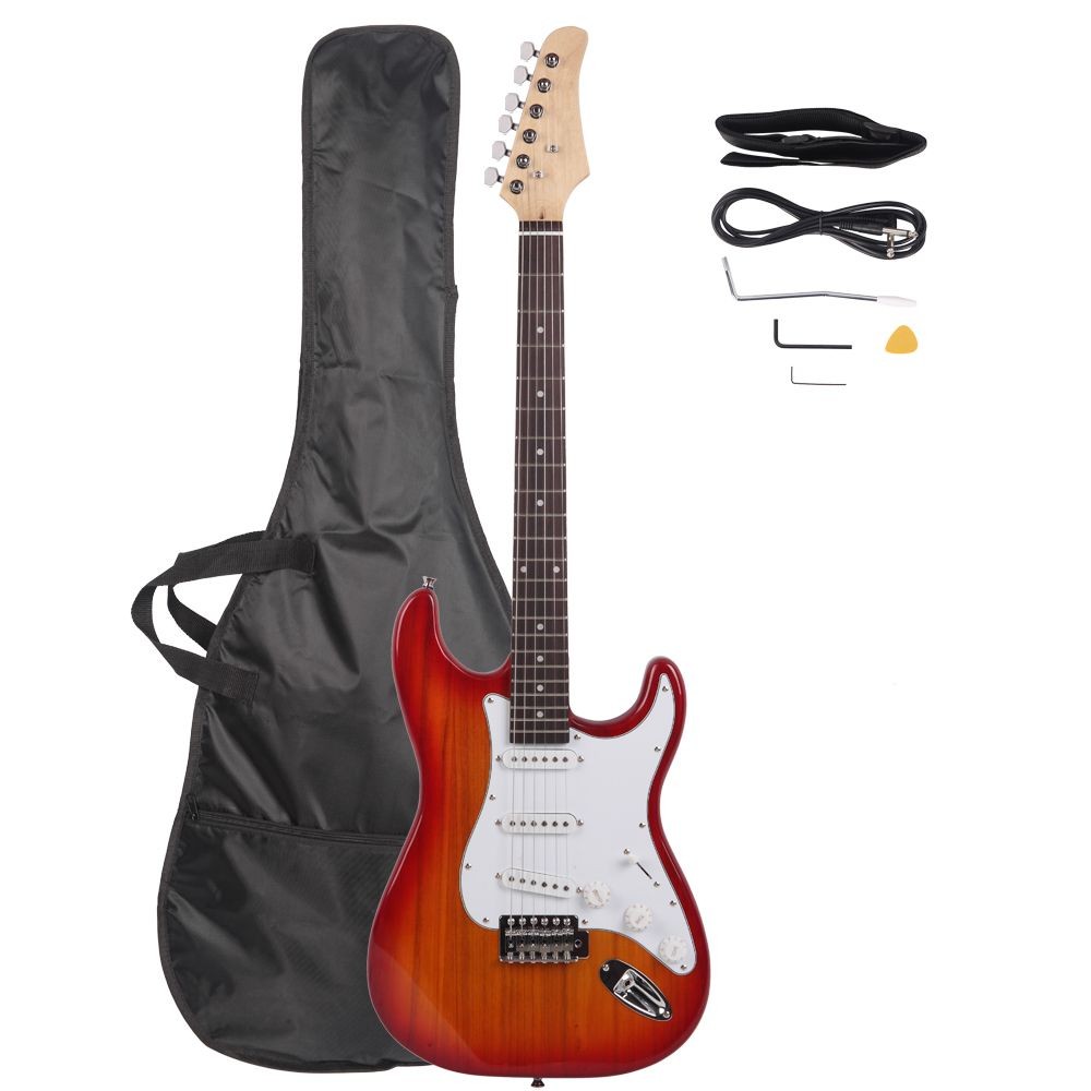 Trans Red Sunburst Strat Style Electric Guitar Pack, Gig Bag, Cord, Strap & Pick