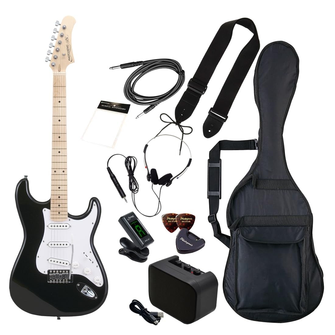 Photogenic Electric Guitar, Beginner’s Set, ST Type, Maple Fretboard, Black, ST-