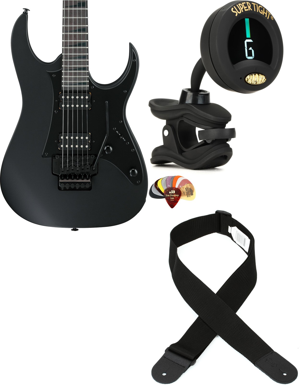 Ibanez GRGR330EXBKF + Snark ST-8 + Dunlop PVP101 + Levy’s M8POLY-BLK Value