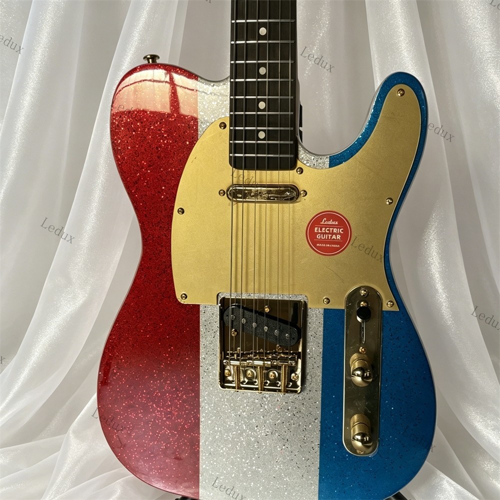 New Solid Electric Guitar Stainless Rounded Fret Red, Silver &Blue Sparkle