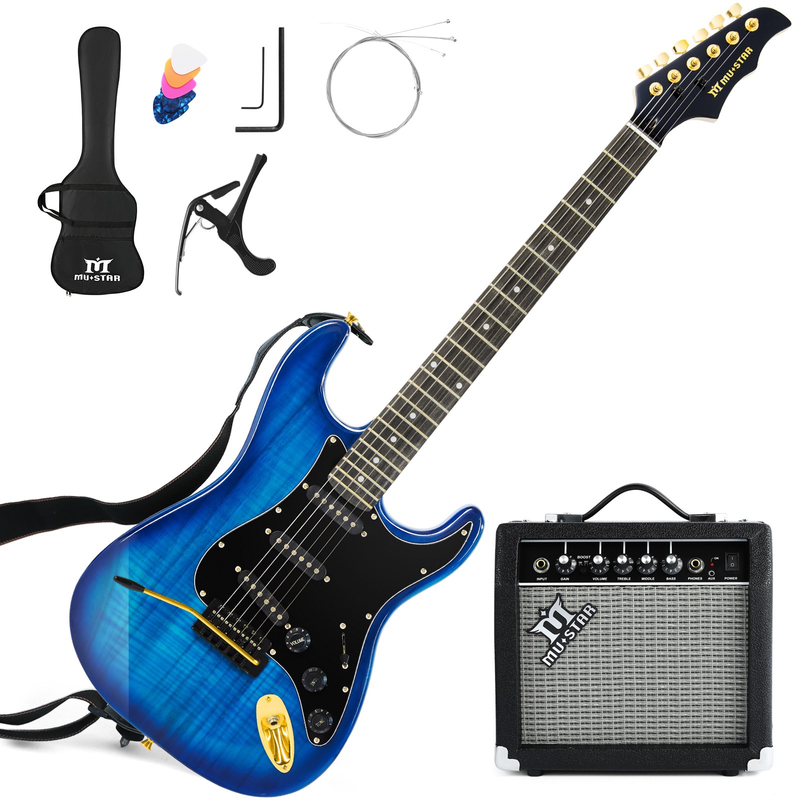 MUSTAR Blue 39″ Electric Guitar 6 String for Beginner with 25W AMP+Bag Pack Kits