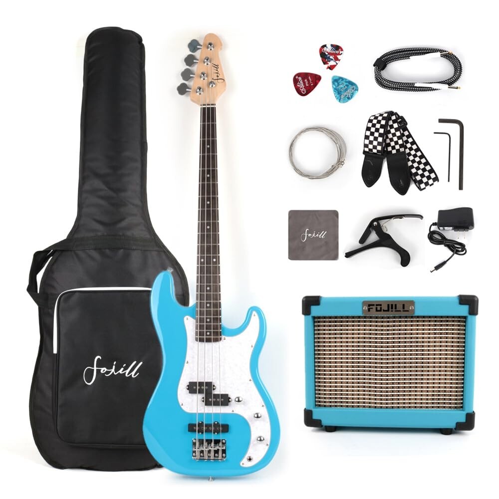 Full size electric PJ bass set with amplifier gigbag strap cable picks in blue