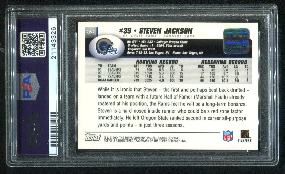 2004 Topps Steven Jackson Rookie Premiere Autograph #RP-SJ PSA 10 GEM MINT 💎