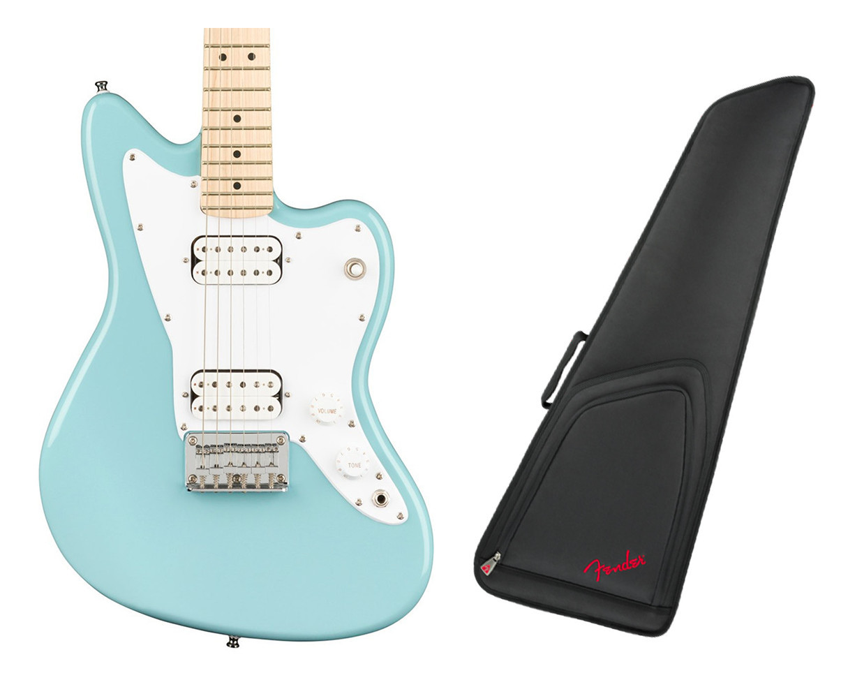 Squier Mini Jazzmaster HH – Daphne Blue + Fender FEMS-610 Mini Strat Gig Bag
