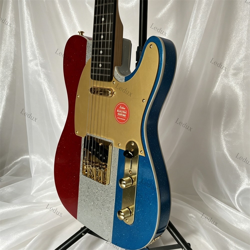 New Solid Electric Guitar Stainless Rounded Fret Red, Silver &Blue Sparkle