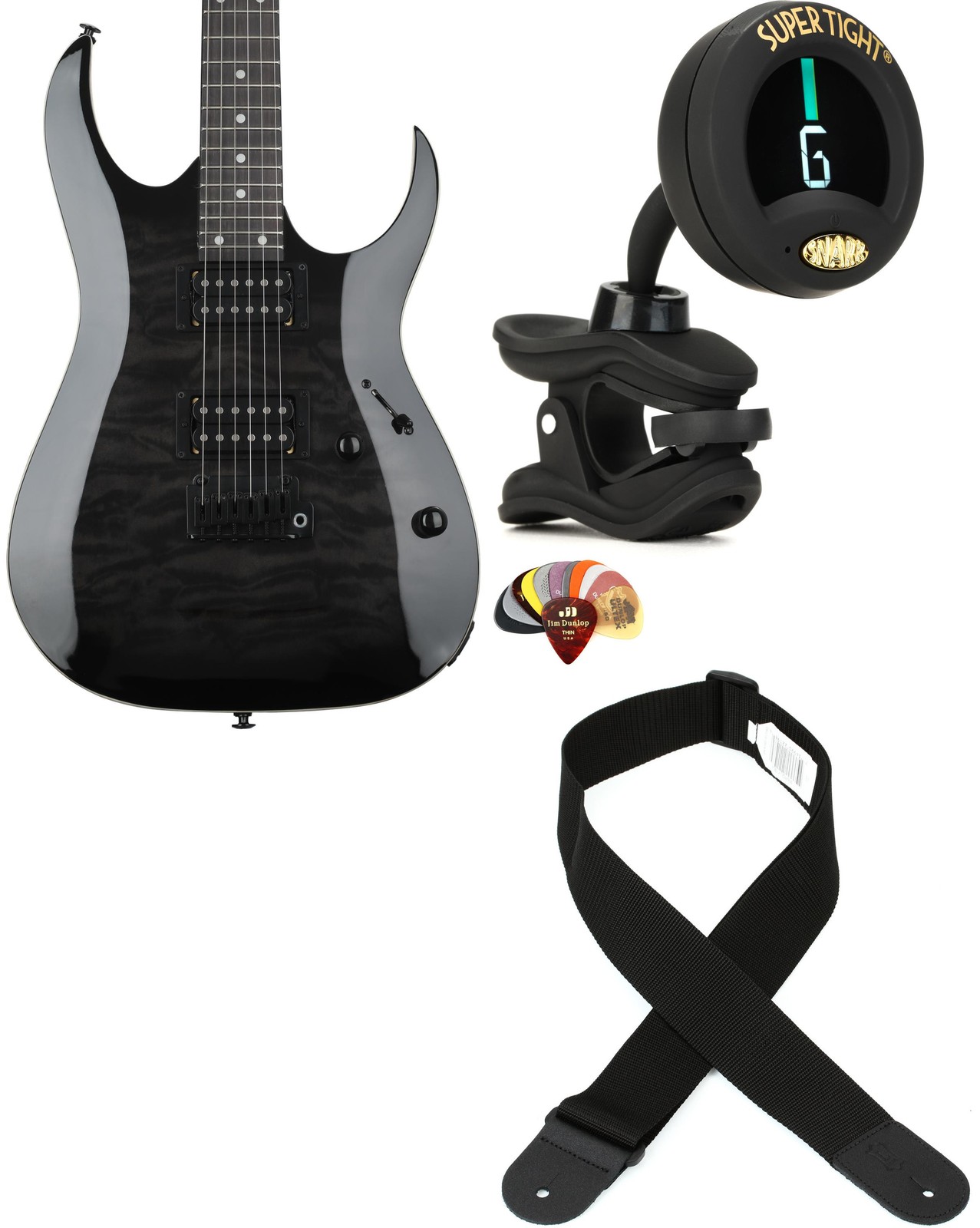 Ibanez GRGA120QATKS + Snark ST-8 + Dunlop PVP101 + Levy’s M8POLY-BLK Value