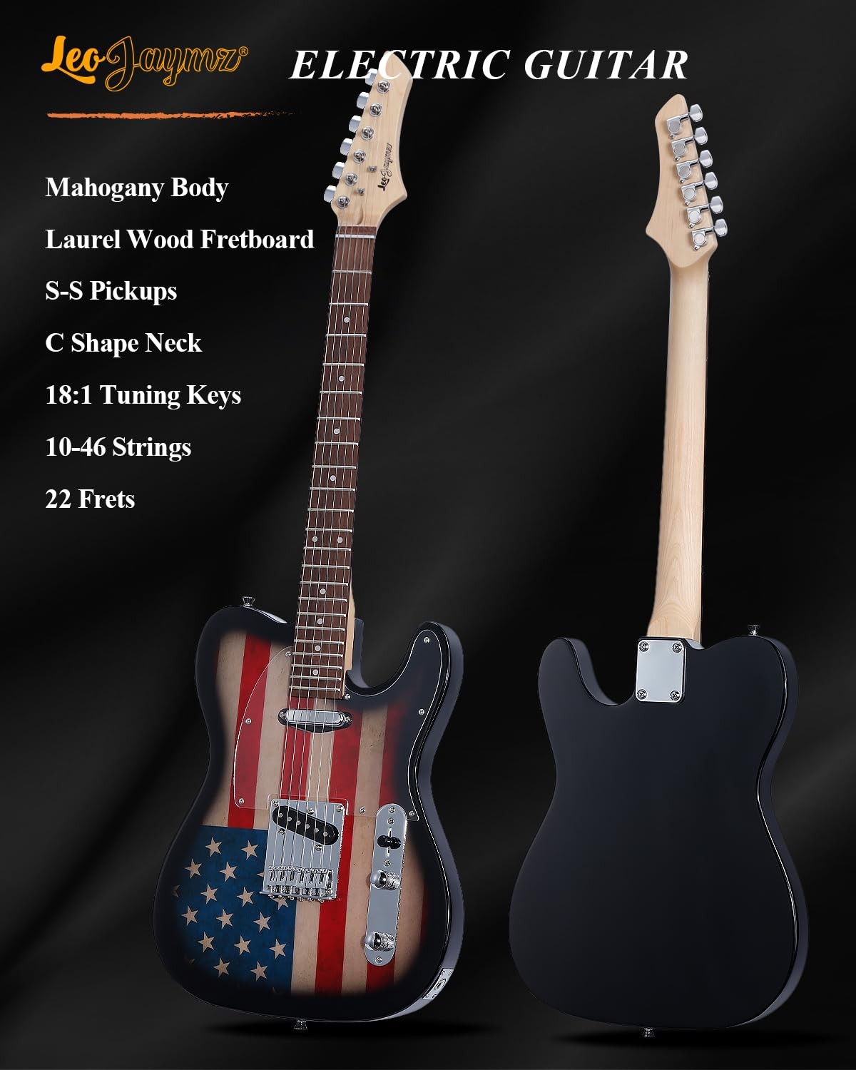 Leo Jaymz TL Style Electric Guitar with US Flag Sticker – High Gloss Mahogany Bo