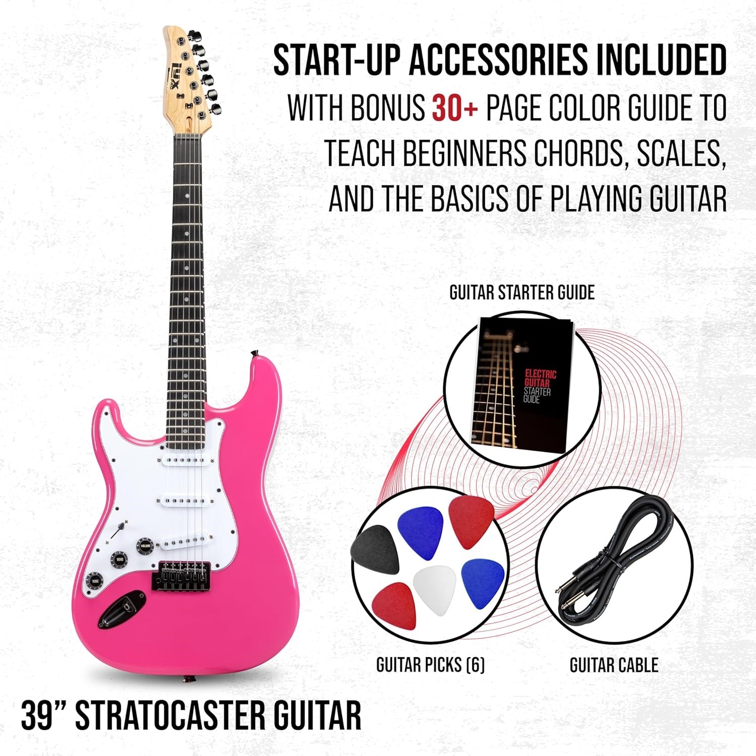 LyxPro CS 39in Left Hand Electric Guitar Kit Amp Cable Picks Guide Set Full Pink