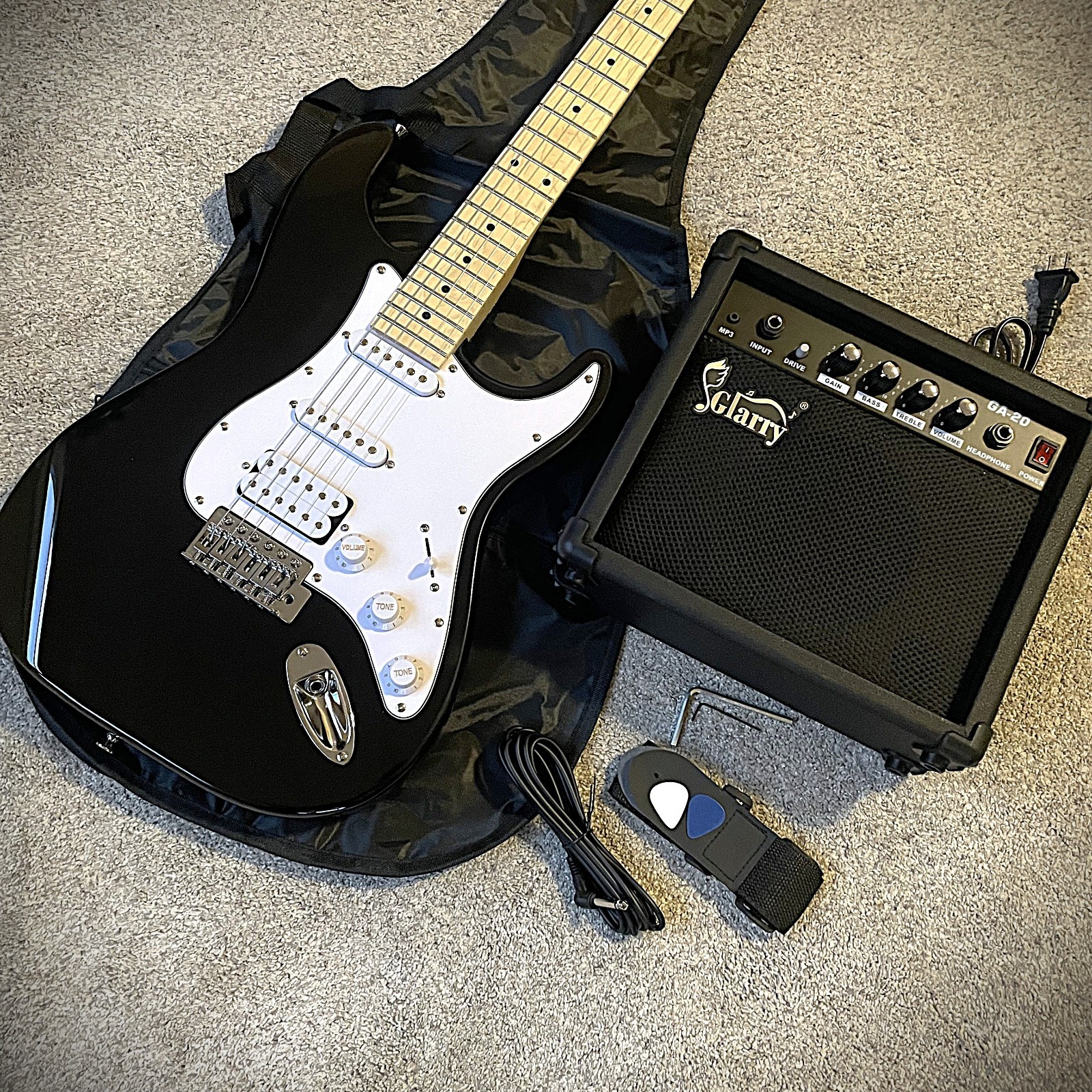 Full-Size Black Electric Guitar Starter Package with 20-Watt Amp, HSS Pickups