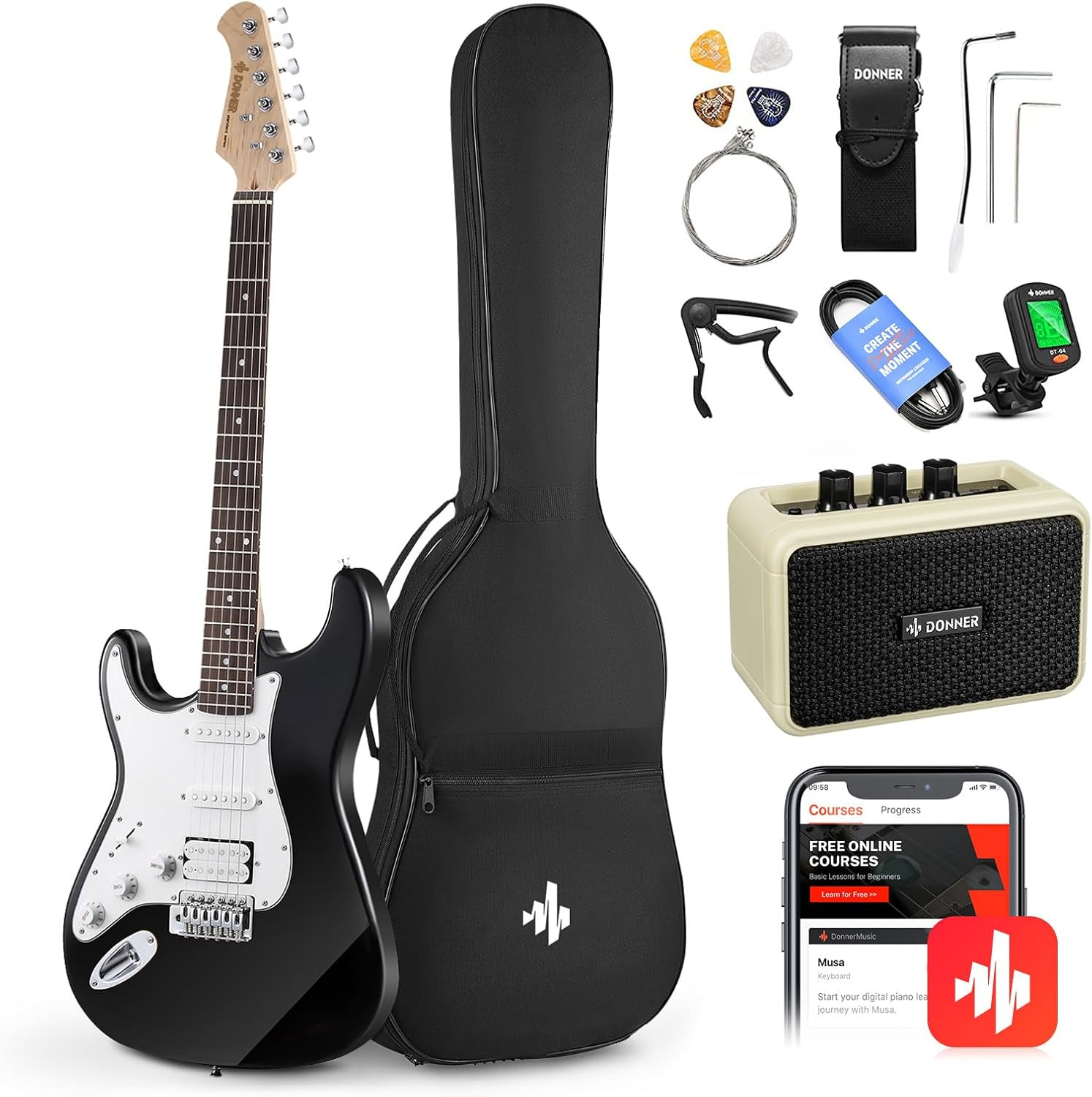 Donner DST-100BL Left Hand Electric Guitar Kit 39 Inch Black w/ Amp Beginner Set