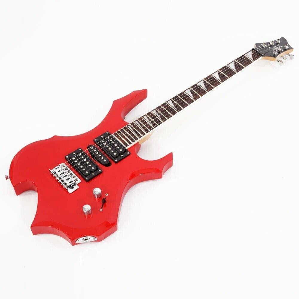 Glarry Flame Shaped Red Burning Fire Basswood Electric Guitar with Bag & 20W Amp