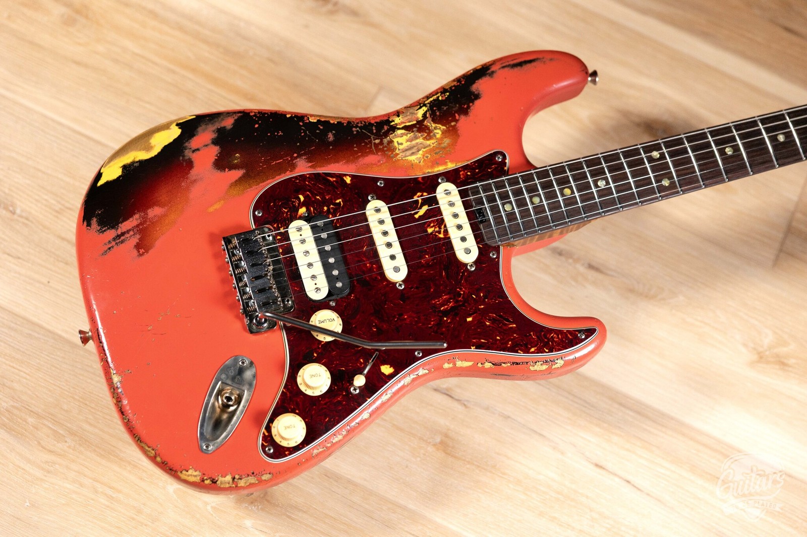 Shabat Lynx HSS Swamp Ash S-Style w/ Stainless Frets – Fiesta Red over 3TSB
