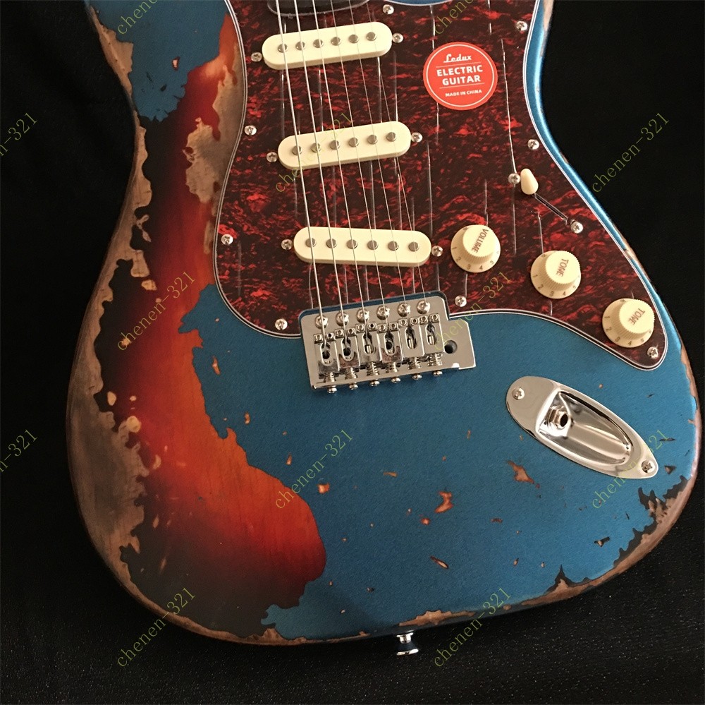 Electric Guitar Stainless Fret Red Turtle Shell Pickguard Blue 3-tone Sunburst