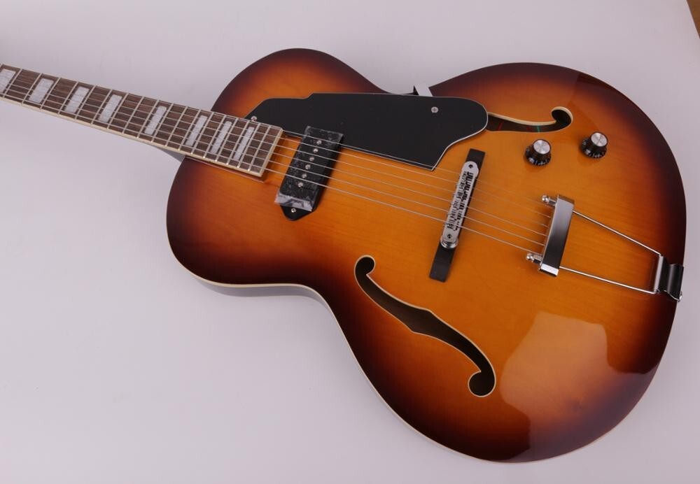 Electric jazz guitar semi hollow body f hole maple neck rosewood FN P90 sunset
