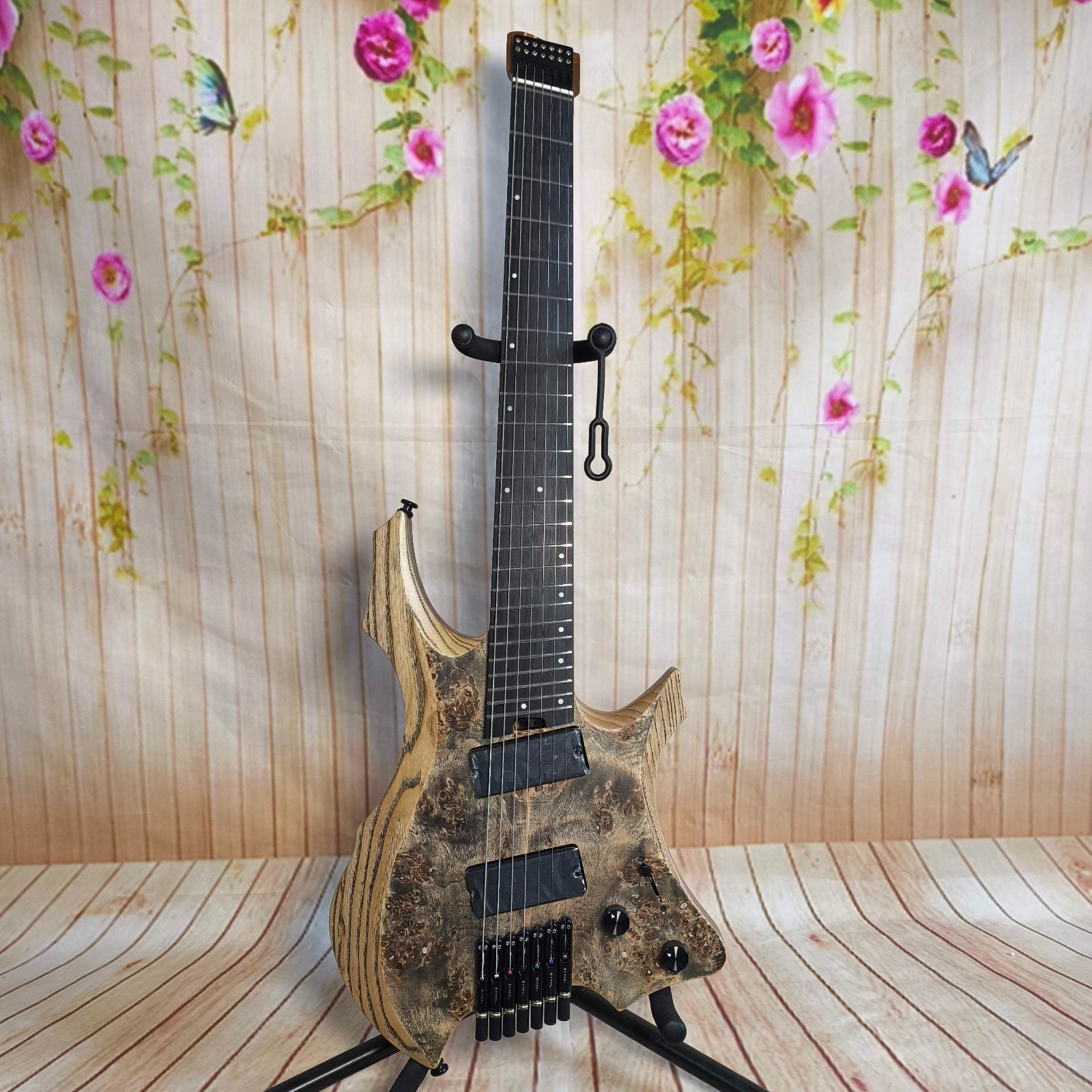 Headless Electric Guitar 7 Strings Burl 24 Frets Clear Texture Portable Travel