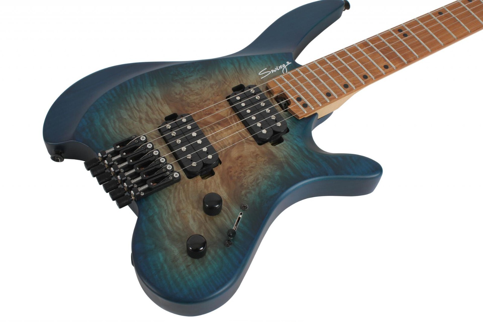 Swing UV-1F Matte Blue Burst Headless Electric Guitar Burl Top Fan Fret