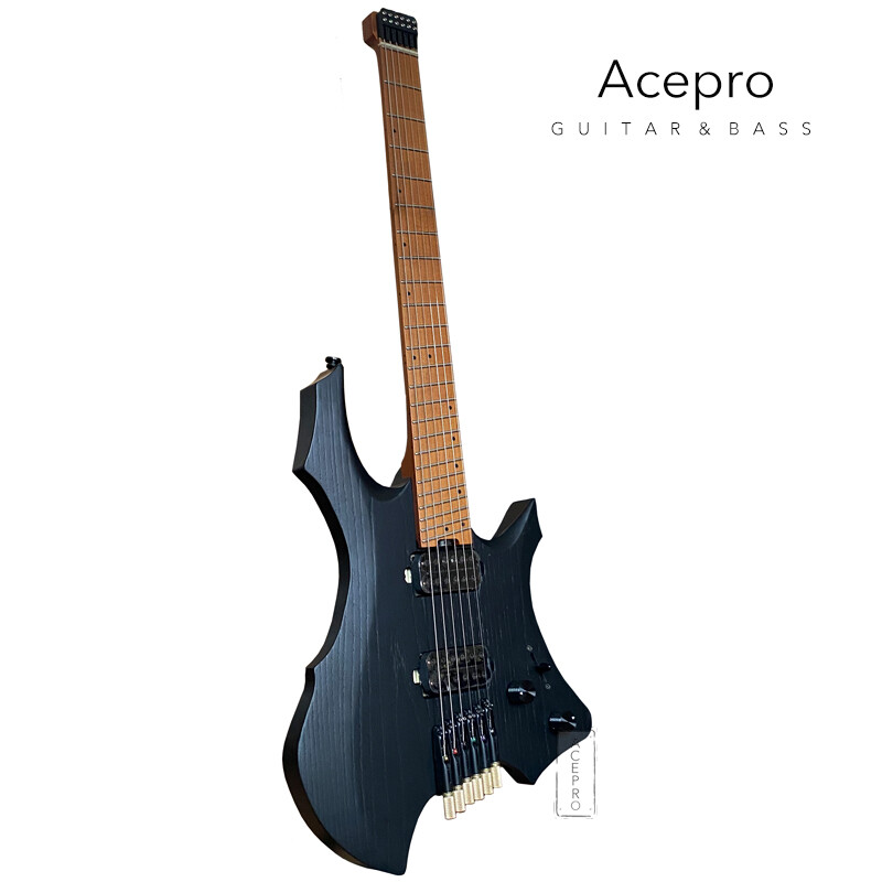 Acepre Black Headless Electric Guitar Oblique Frets Jumbo Stainless Steel Frets