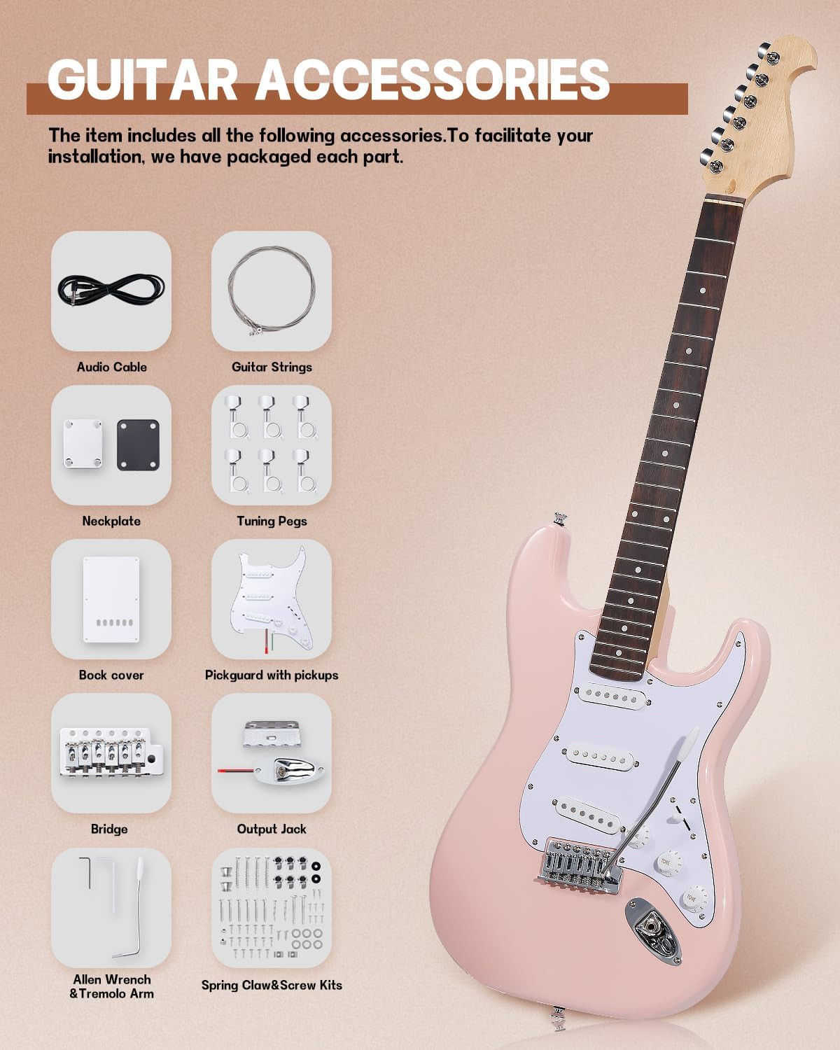 Leo Jaymz DIY ST Guitar Kit Light Pink Mahogany Body Maple Neck Full Set