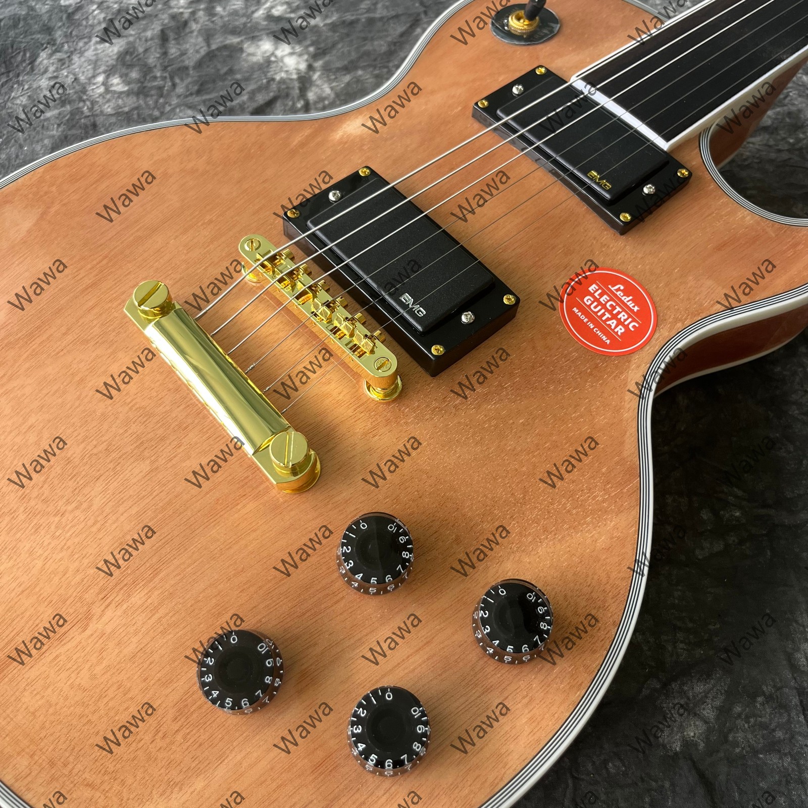 Natural Wood Custom Electric Guitar Dual Black Humbuckers Gold Hardware
