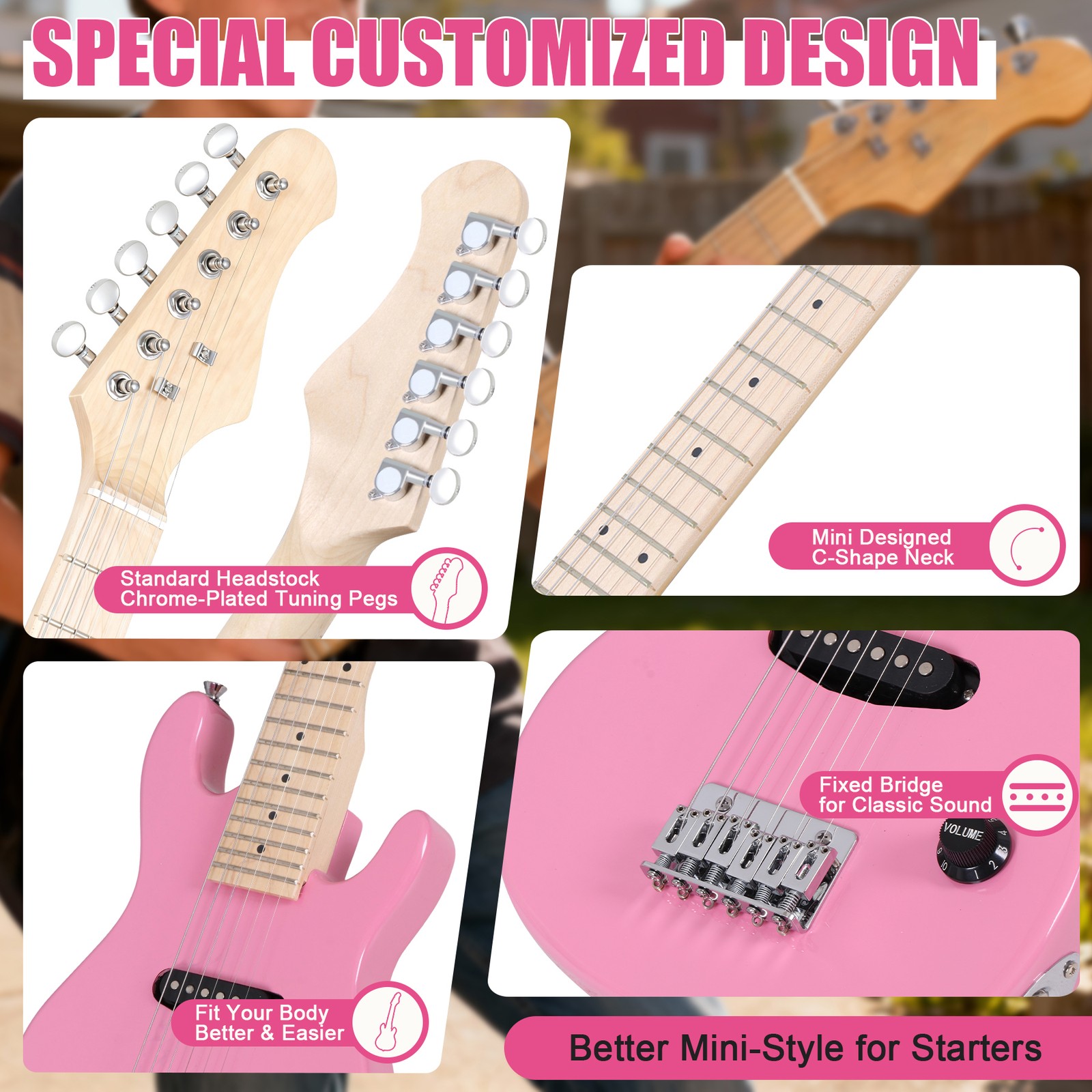 Pink 30″ Kids Child with 5 Watt Amp Gig Bag Case Electric Guitar 6 String