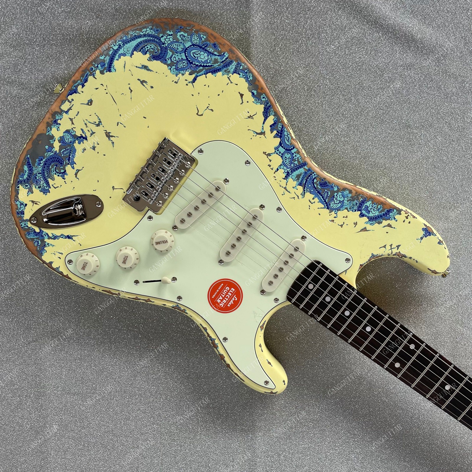 Vintage Aged Solid Body Electric Guitar Vintage Aged Off White Blue Paisley