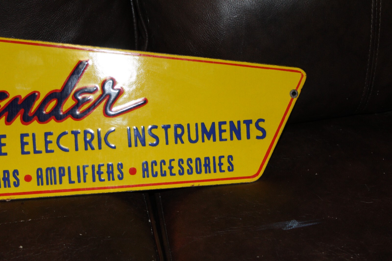 RARE LARGE FENDER GUITAR AUTHORIZED DEALER PORCELAIN METAL SIGN AMP ROCK BEATLES