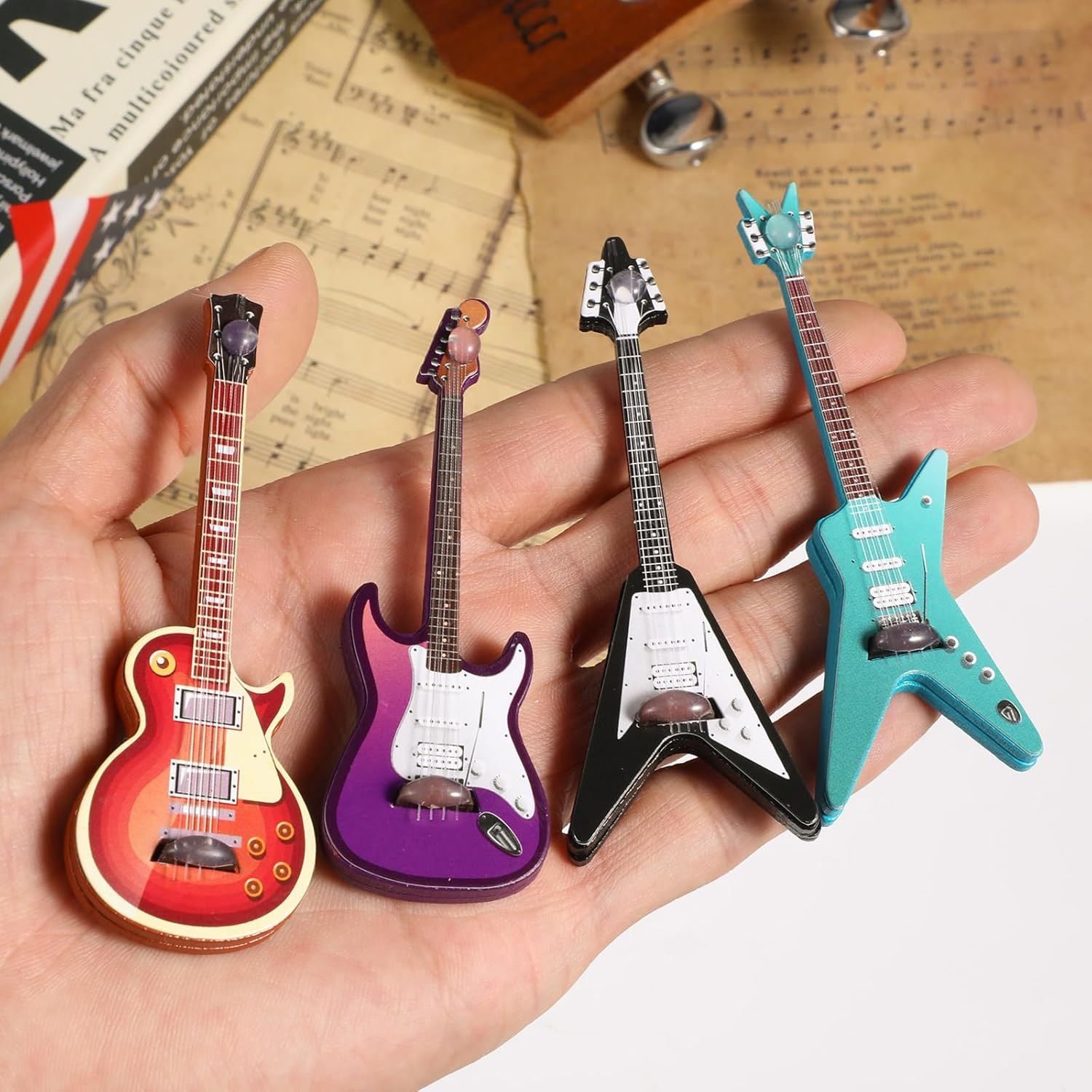 4Pcs Mini Electric Guitar & Bass Guitar Ornament, 1:12 Scale Wooden Miniature Mu