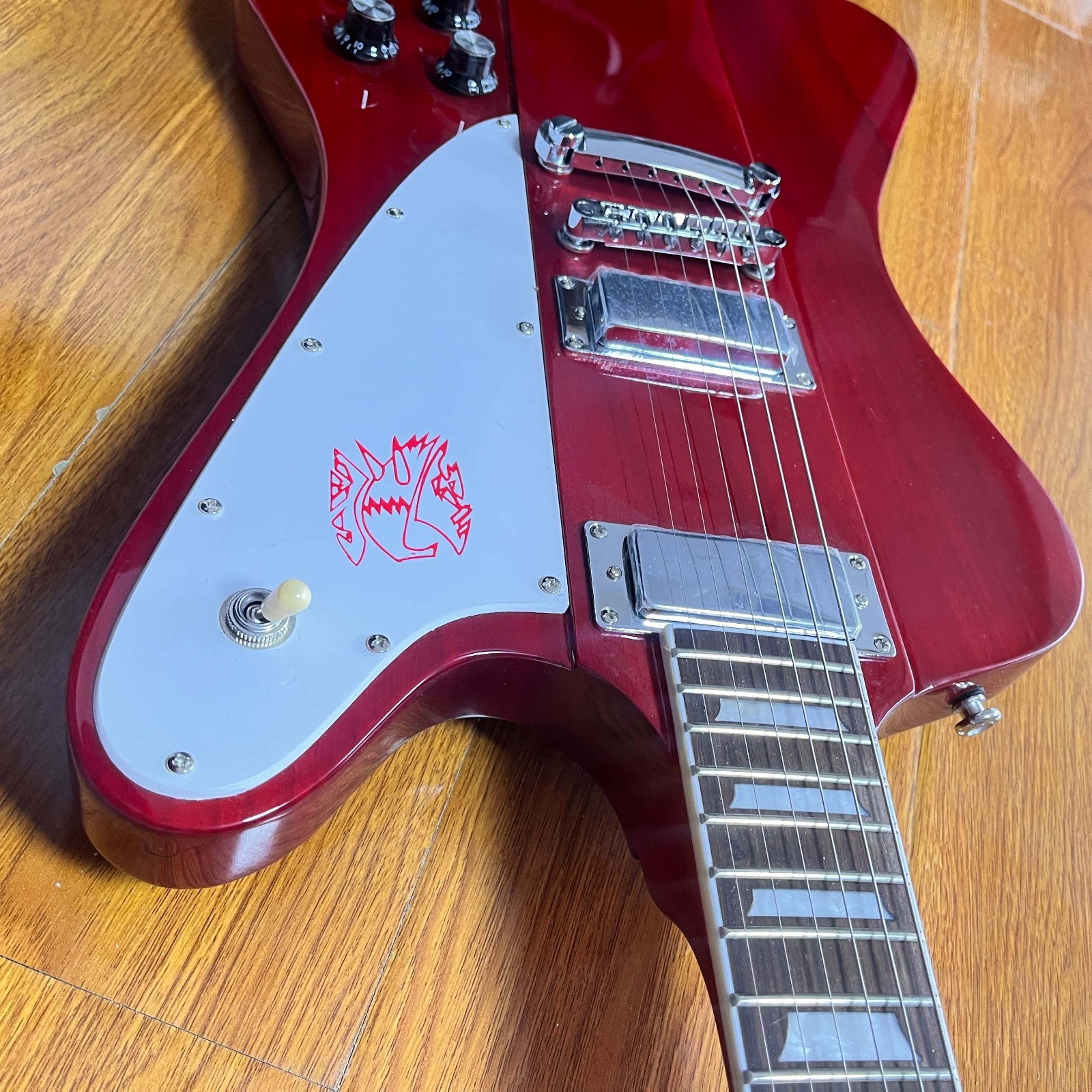 Vintage Fire Bird Cherry Red Electric Guitar MINI HH Pickups 6Strings Ship US