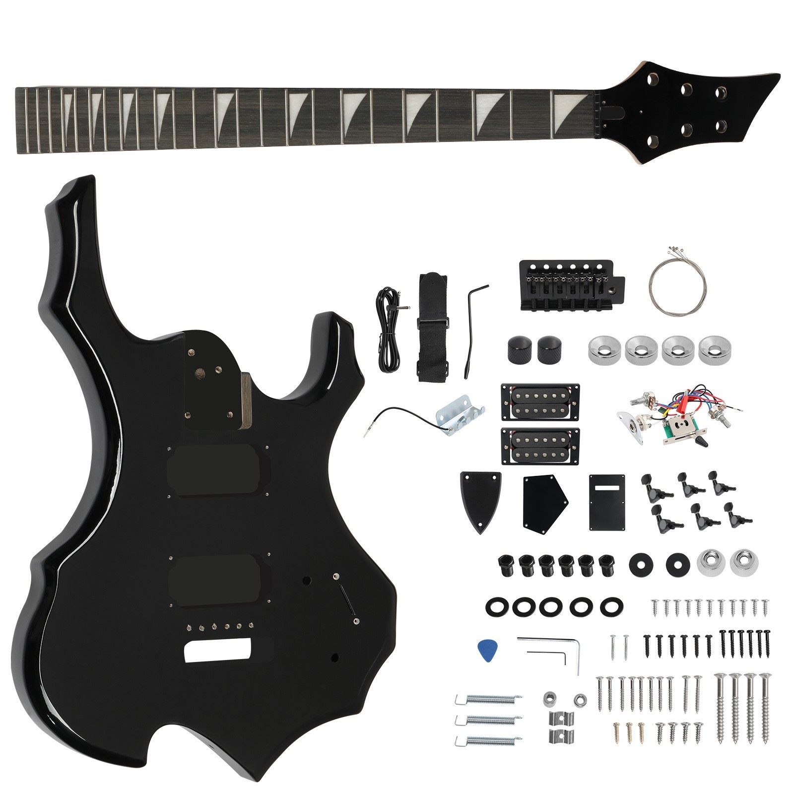 DIY Flame Shape 6 String HSH Electric Guitar Kit Mahogany Body Black Accessories