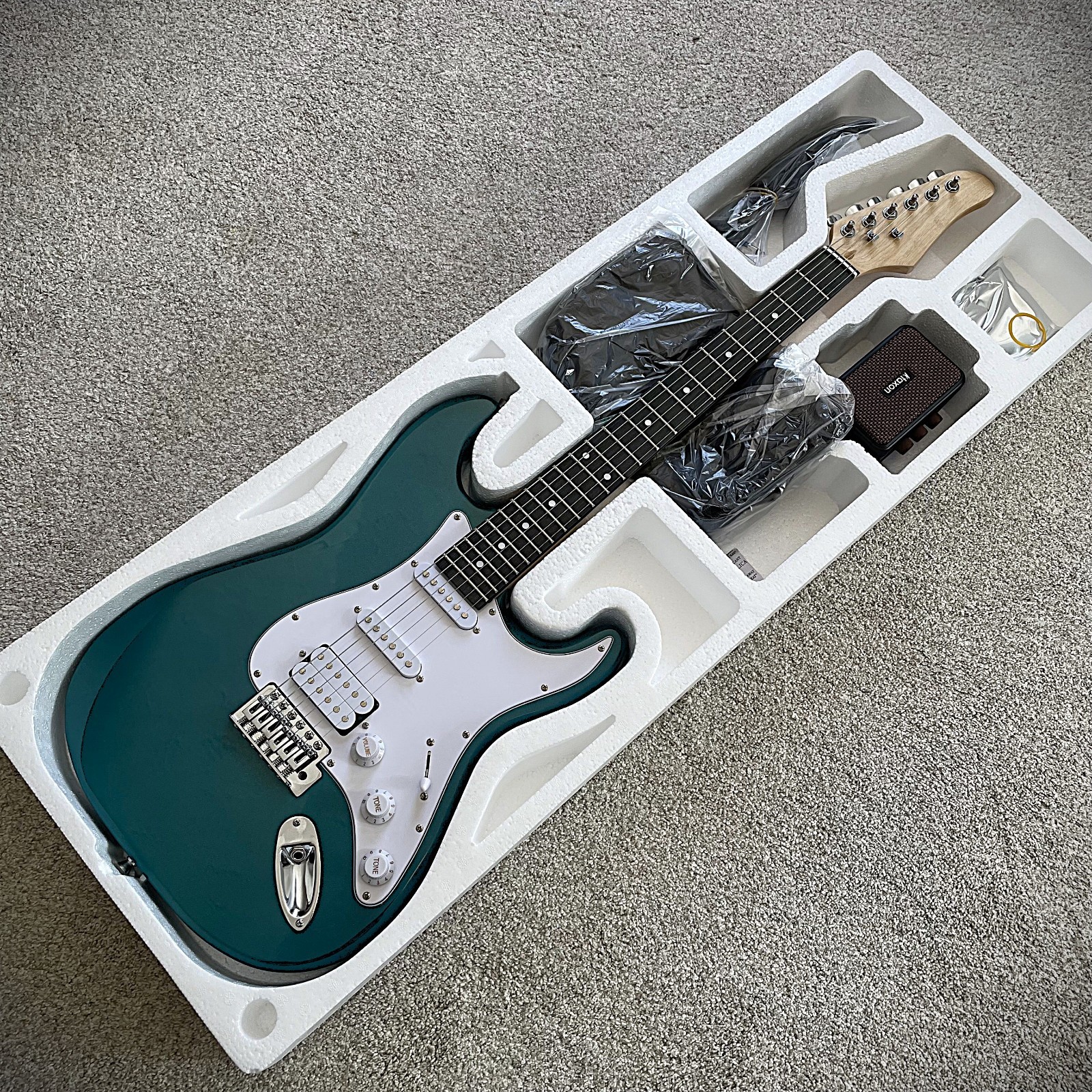 Full-Size Seafoam Blue Sparkle Electric Guitar Starter Package with 5-Watt Amp