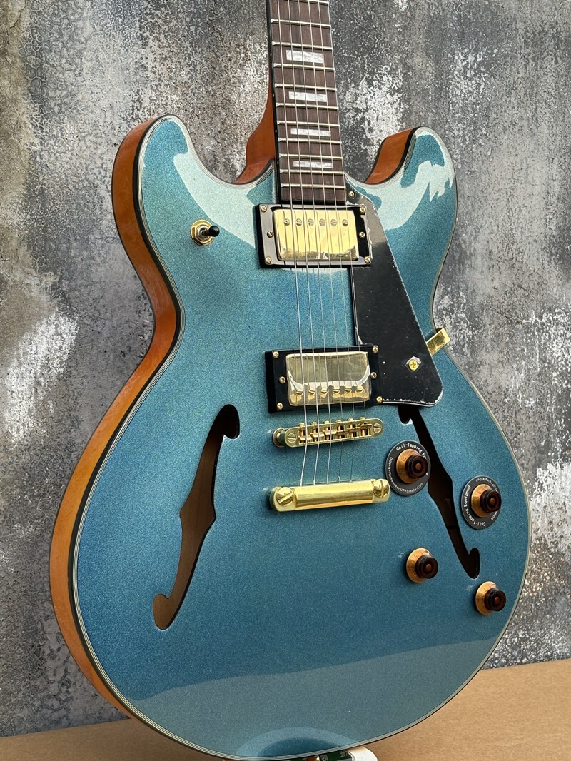 Metallic Blue Electric Guitar Semi-Hollow F-holes and mahogany sustain block