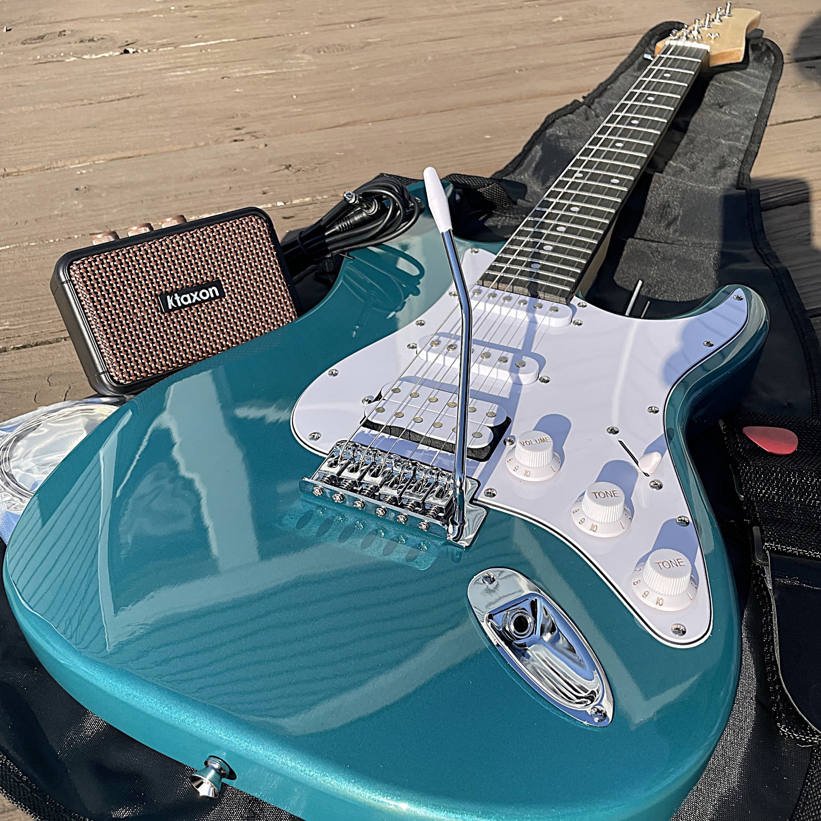Full-Size Seafoam Blue Sparkle Electric Guitar Starter Package with 5-Watt Amp