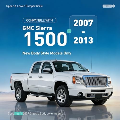 Front Grill Compatible with 2007-2013 GMC Sierra 1500 New Body Style Models