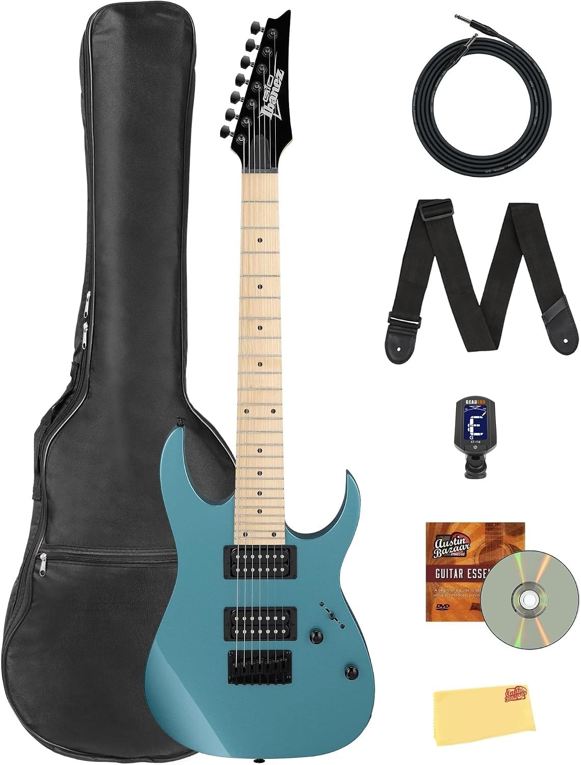 RG Gio 7-String Electrc Guitar – Metallic Light Blue Bundle with Gig Bag, Tun…