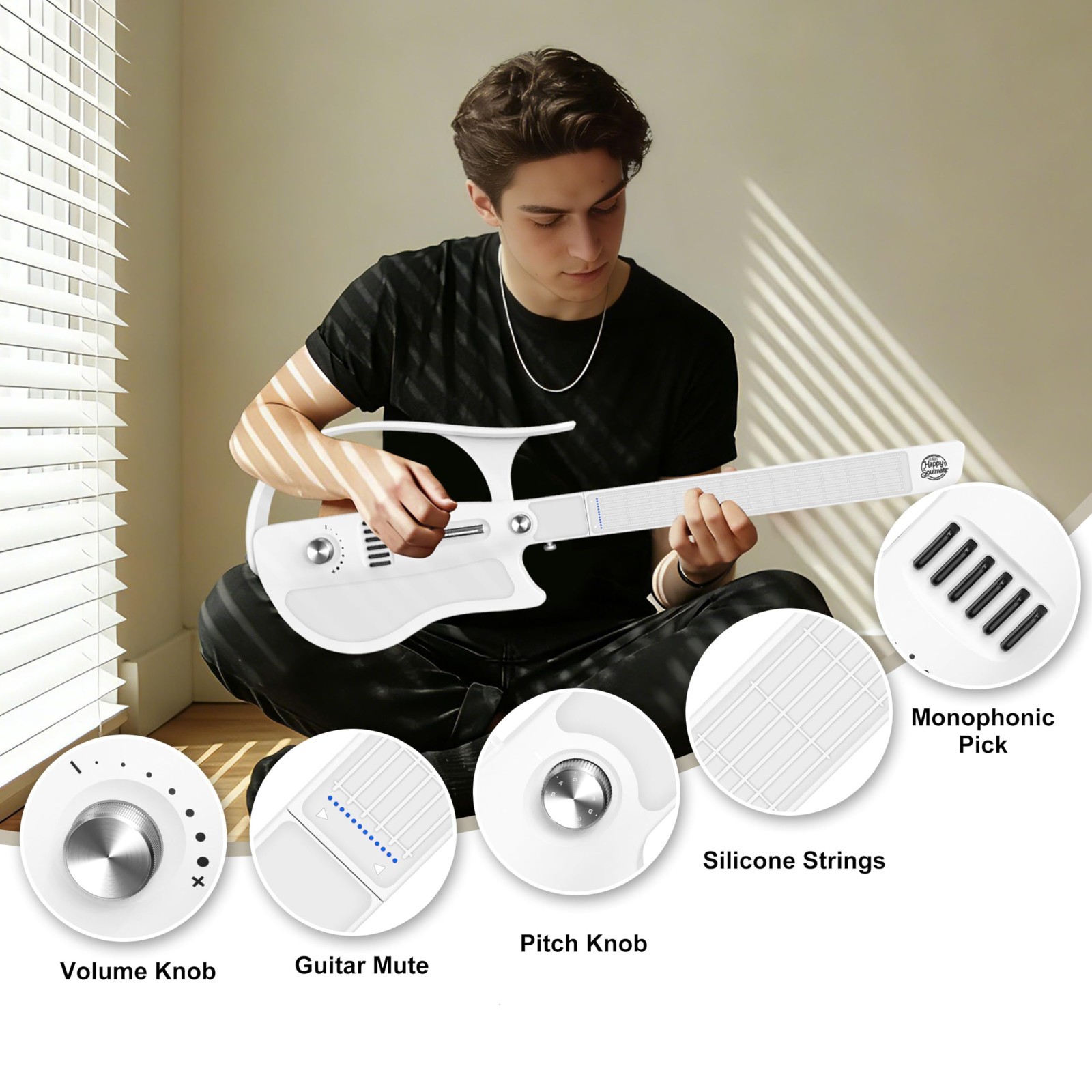 Stringless Smart Guitar, Foldable Travel Guitar with Chords & Drum Machine White