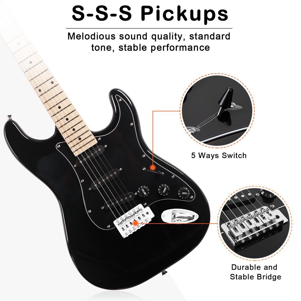 Glarry 39″ Full Size GST Electric Guitar with Amp Case & Accessories Black