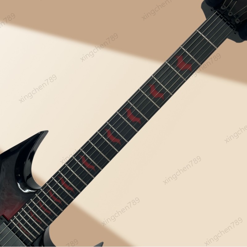 Red Burst Solid Electric Guitar with Red Bat Inlays Flamed Maple Top Hard Rock