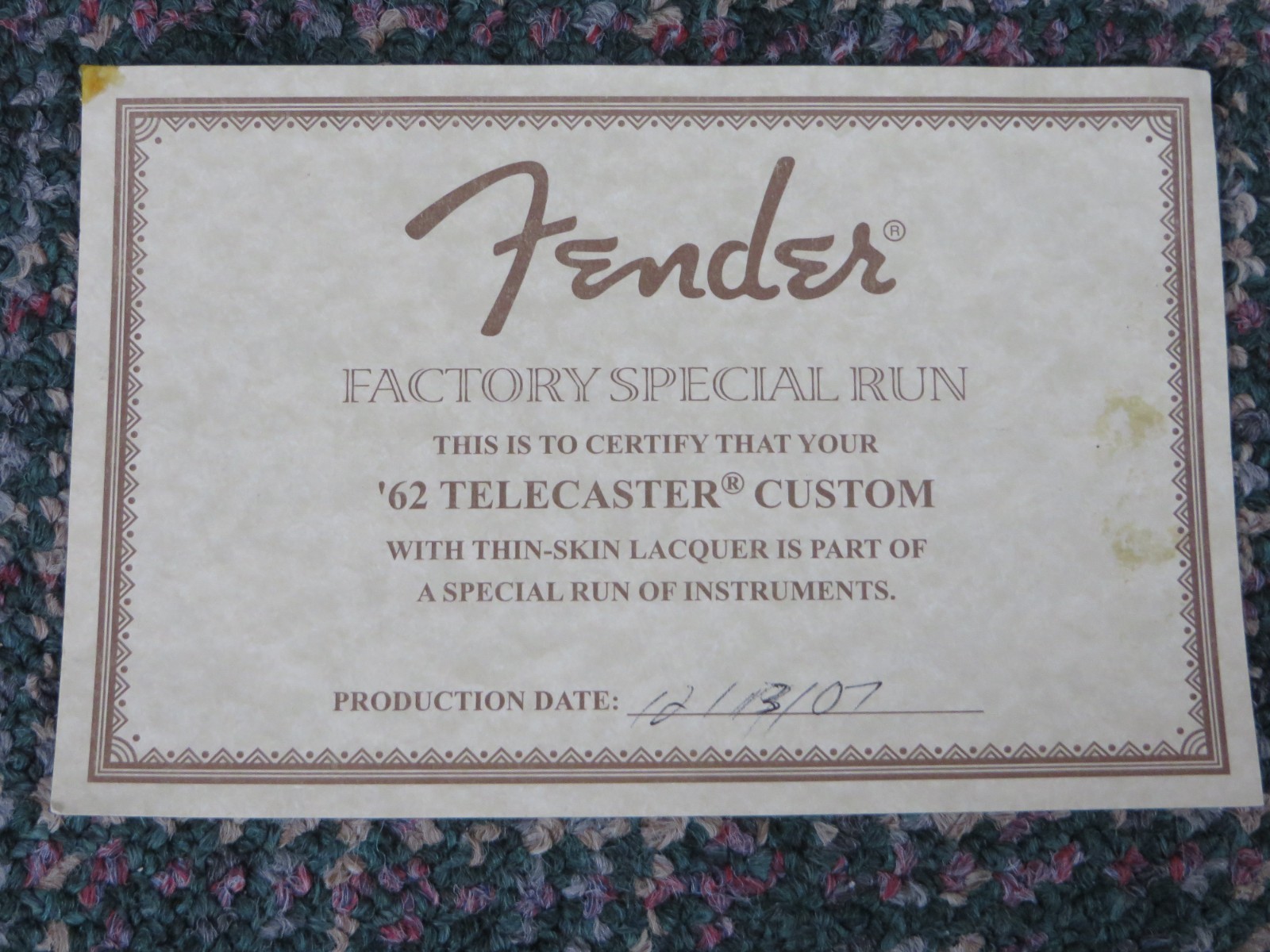 2007 Fender Factory Special Run American Vintage 62 Telecaster Custom Thin Skin!