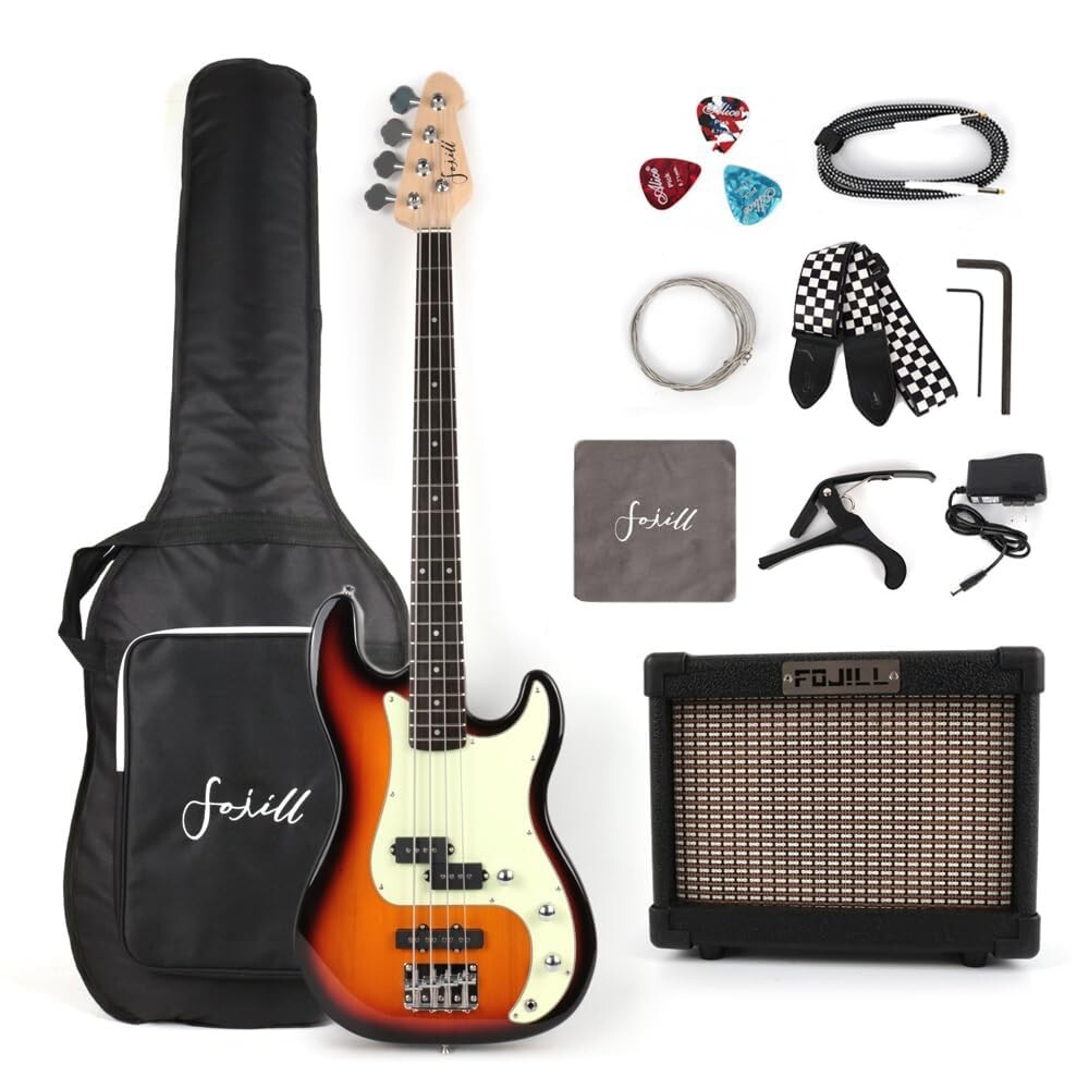 Electric pj bass set with amplifier gigbag cable pick strap carpo in sunburst