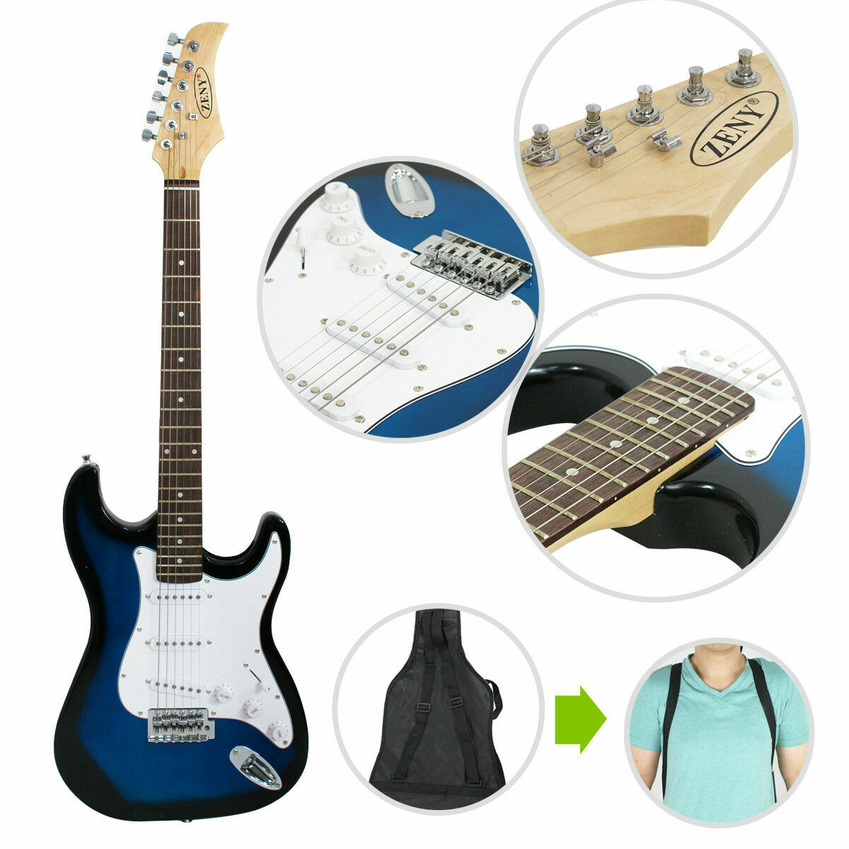 Full Size Electric Blue Guitar with Amp, Case and Accessories Pack For Beginner