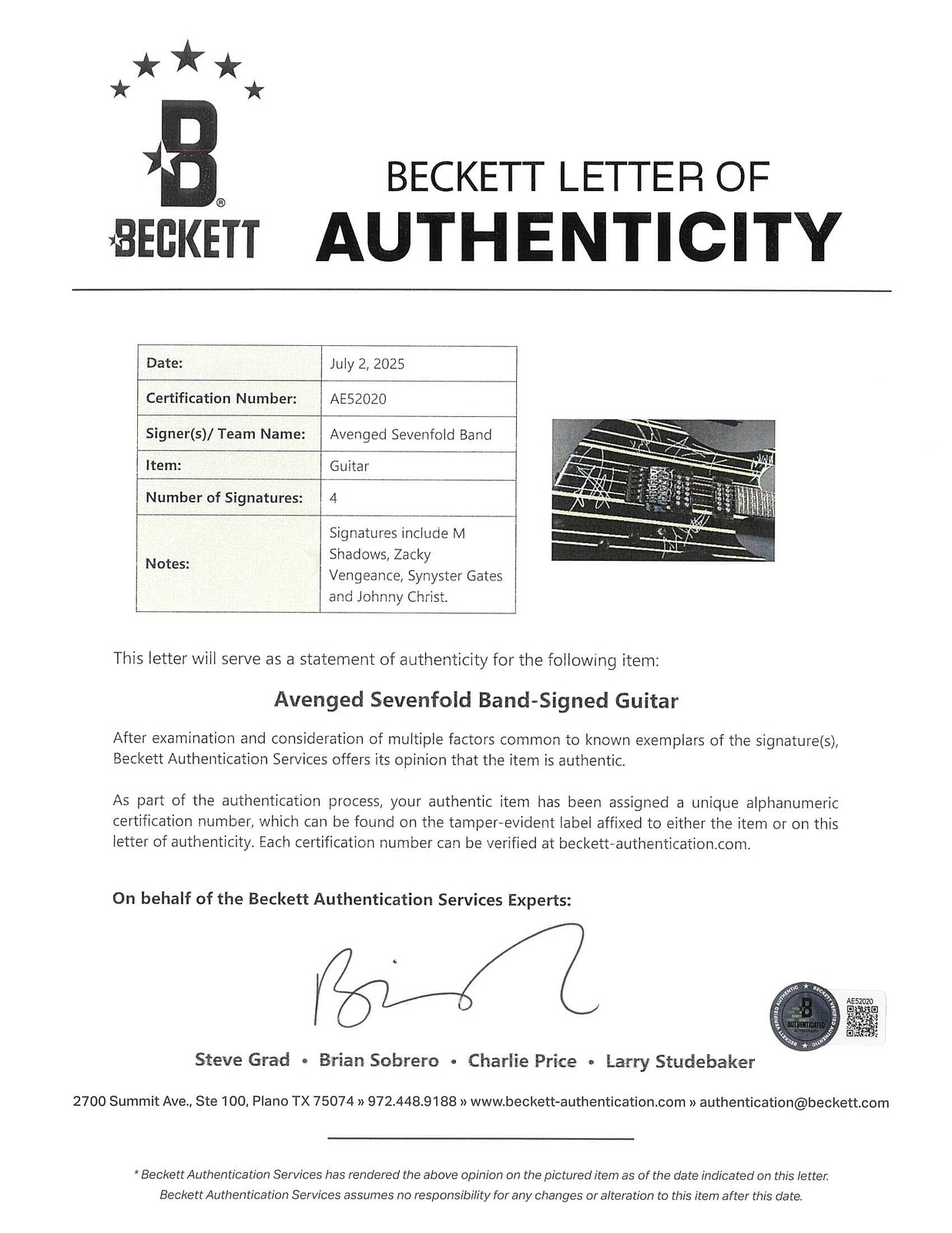 Avenged Sevenfold 4x Band-Signed Schecter Diamond Series Custom Electric Guitar