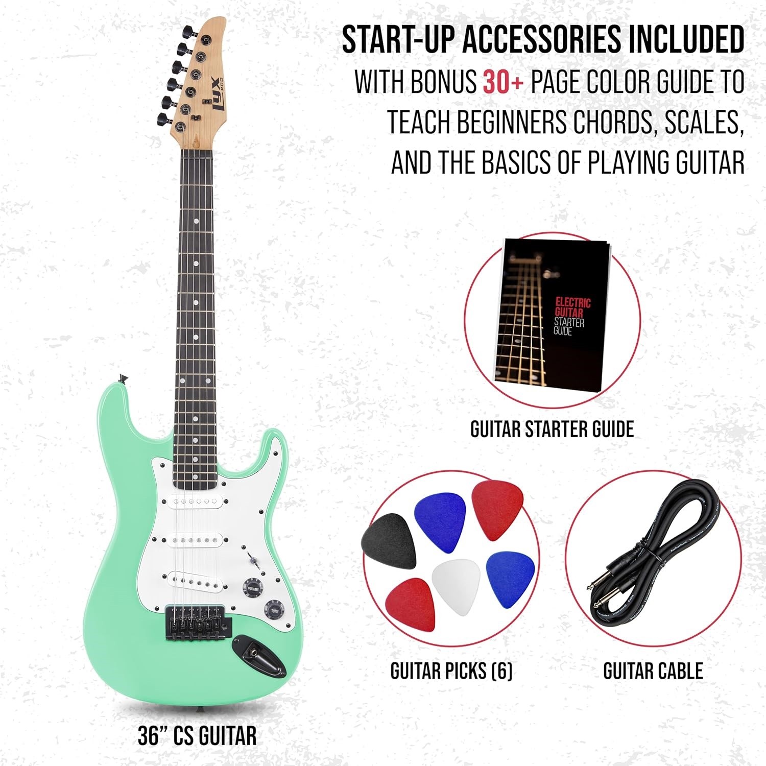 LyxPro CS 36in Electric Guitar Kit Amp Cable 6 Picks Guide Beginner Green